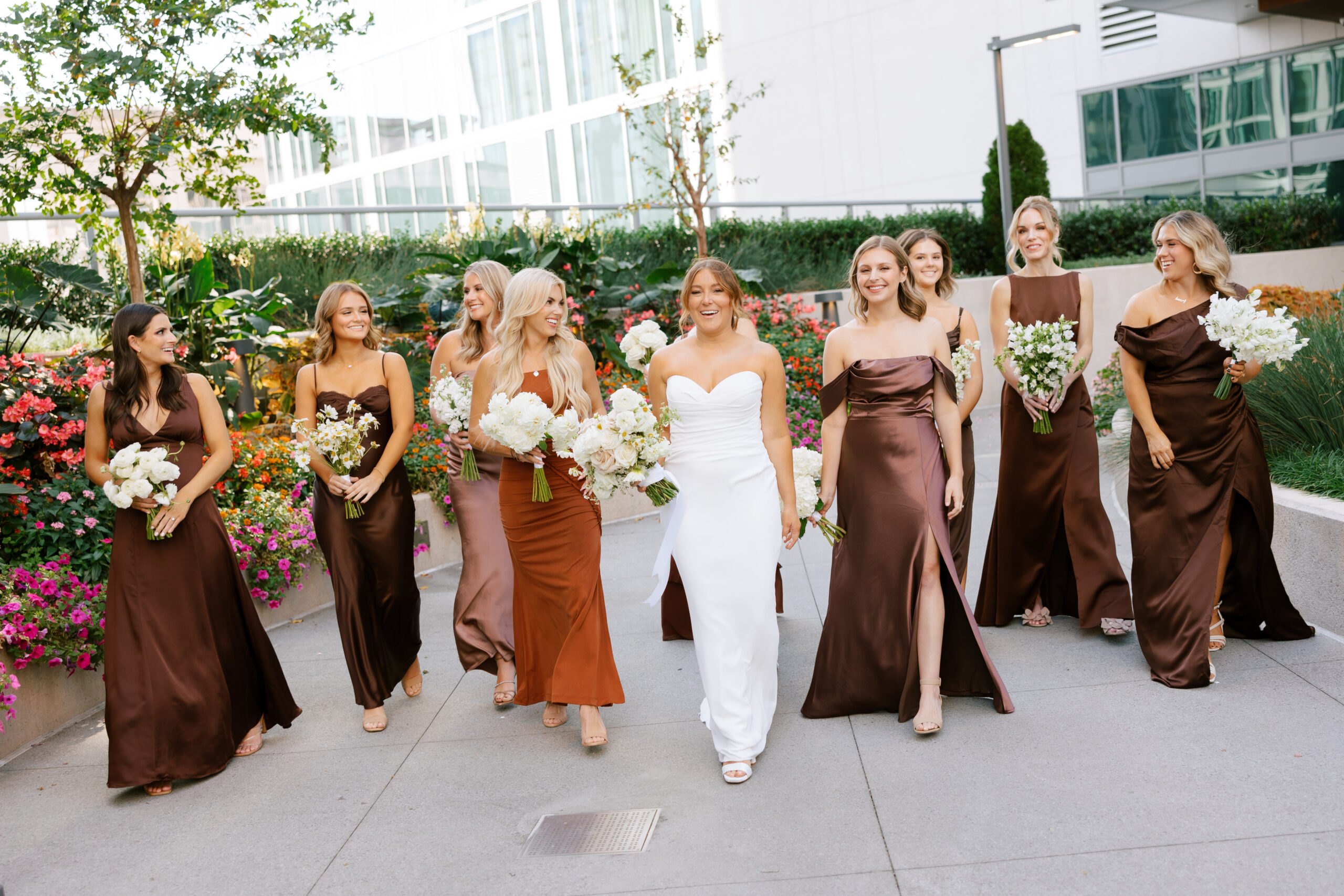 brown bridesmaids group shot bridal party at epicurean hotel atlanta photographer